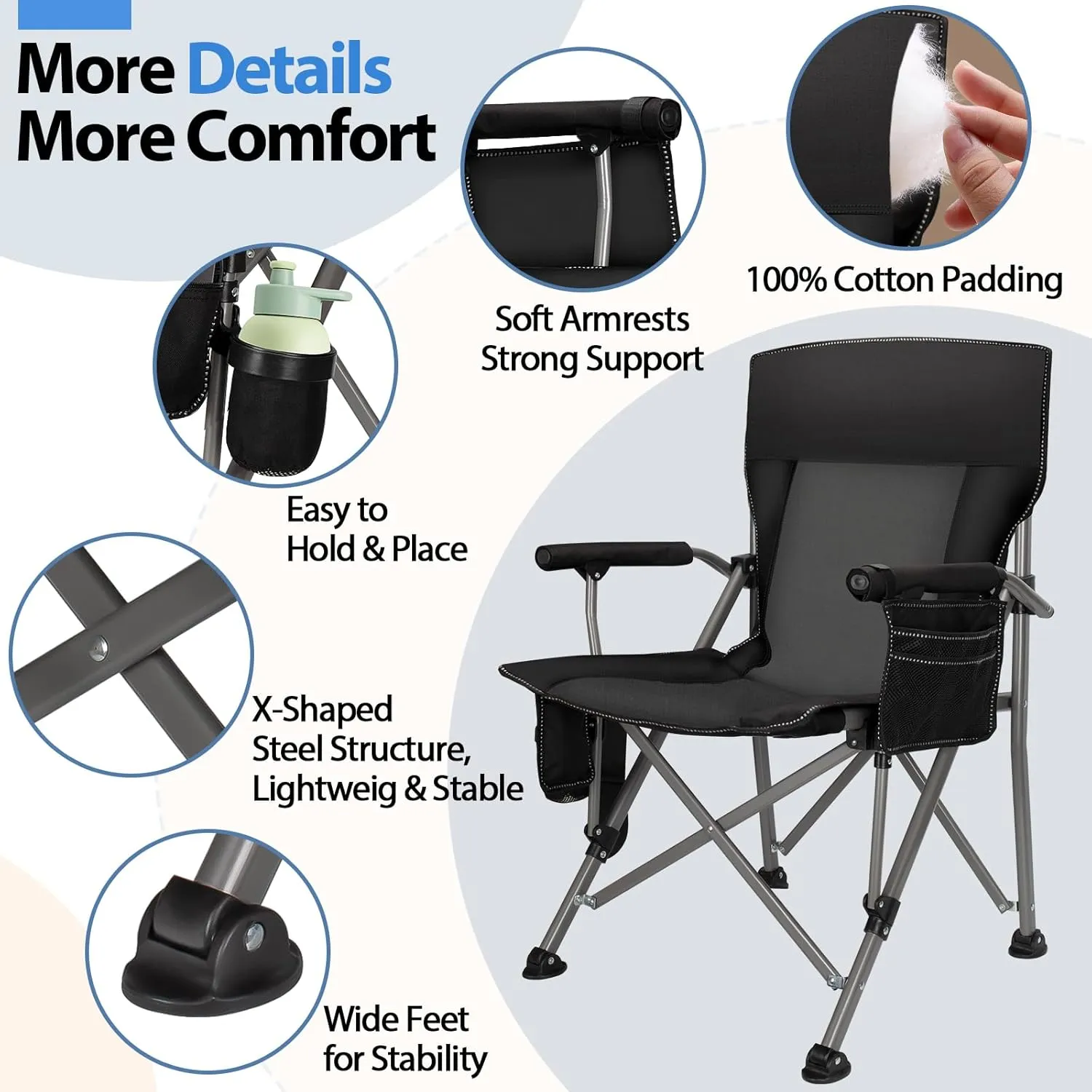QUYUAN Heated Camping Chair with 20,000 mAh Battery, Fully Padded Heated Camp Chairs, Loog-Lasting for 500 Mins, Heavy Duty Folding Chairs Supports 500 lbs for Camping, Outdoor Sports, Picnics, Beach