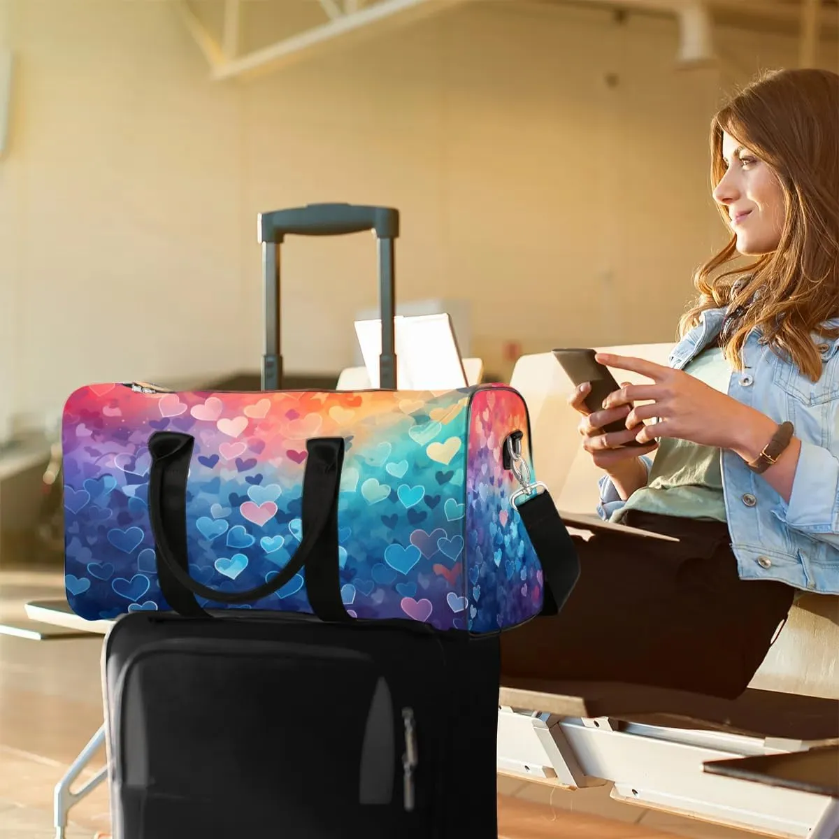 Rainbow Love Hearts Valentine's Day Travel Duffel Bag for Women Men Waterproof Foldable Overnight Weekender Bag Large Capacity Sports Gym Bag