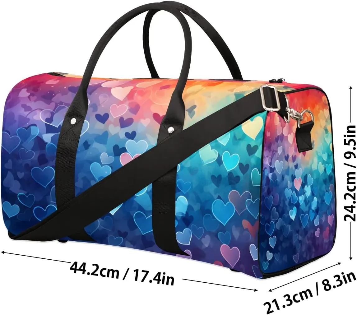 Rainbow Love Hearts Valentine's Day Travel Duffel Bag for Women Men Waterproof Foldable Overnight Weekender Bag Large Capacity Sports Gym Bag
