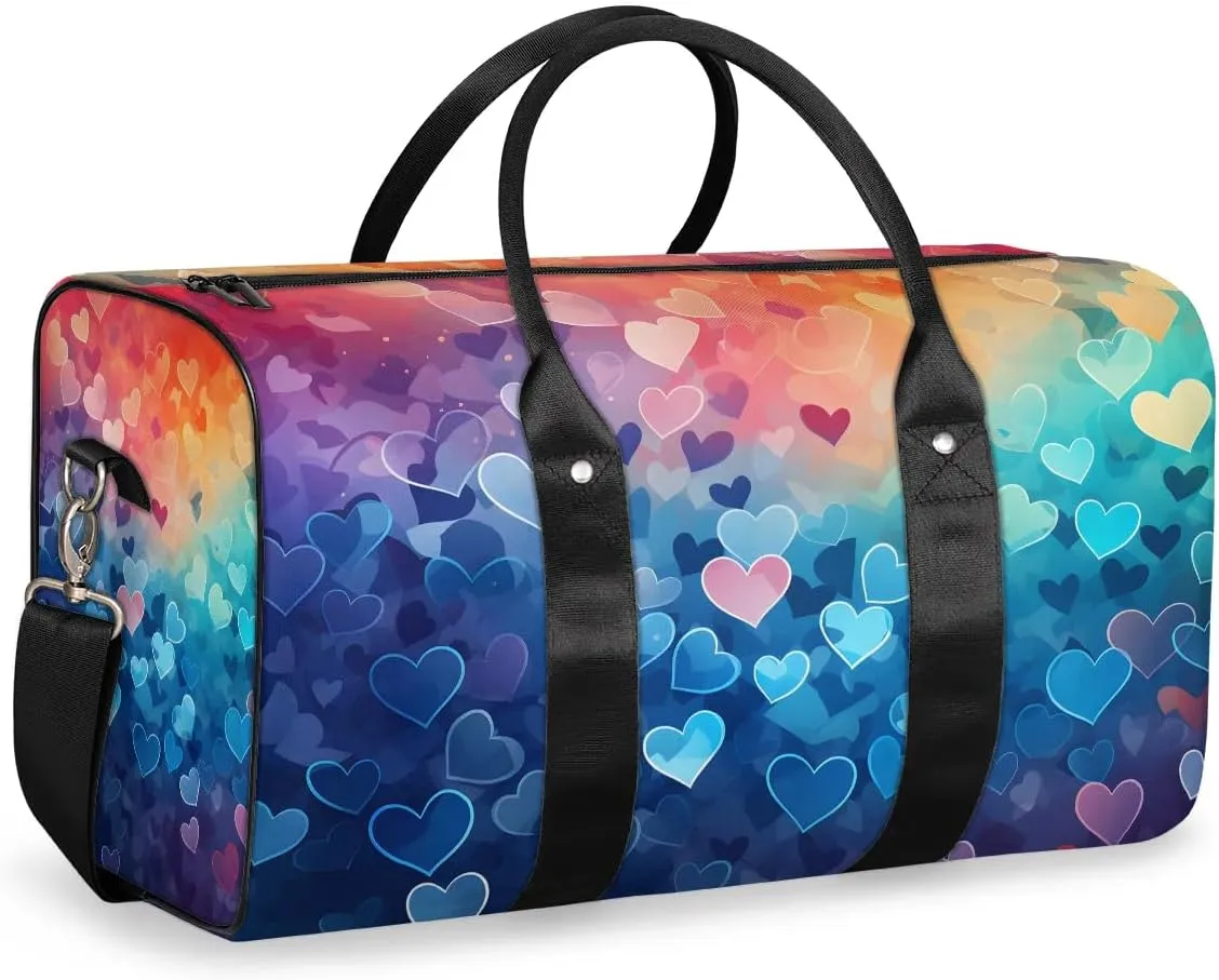 Rainbow Love Hearts Valentine's Day Travel Duffel Bag for Women Men Waterproof Foldable Overnight Weekender Bag Large Capacity Sports Gym Bag