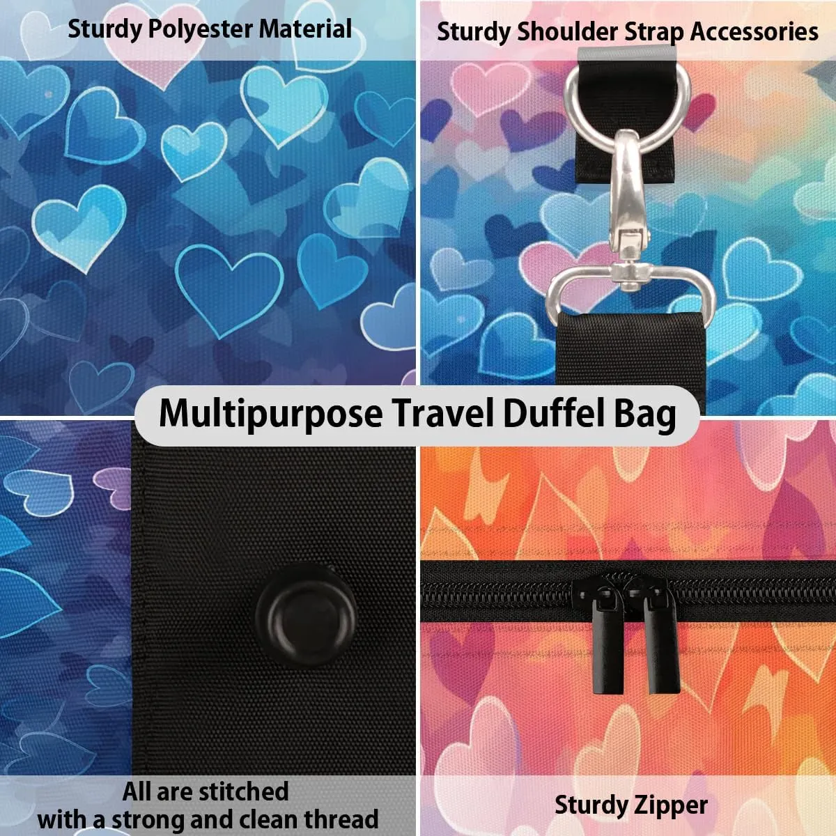 Rainbow Love Hearts Valentine's Day Travel Duffel Bag for Women Men Waterproof Foldable Overnight Weekender Bag Large Capacity Sports Gym Bag