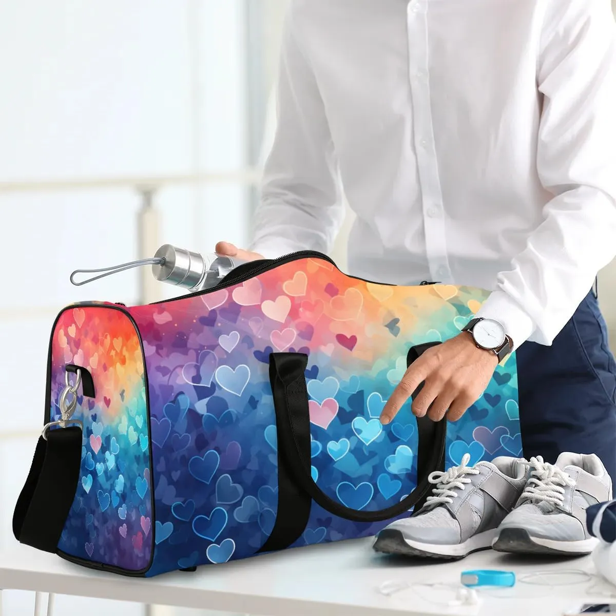Rainbow Love Hearts Valentine's Day Travel Duffel Bag for Women Men Waterproof Foldable Overnight Weekender Bag Large Capacity Sports Gym Bag