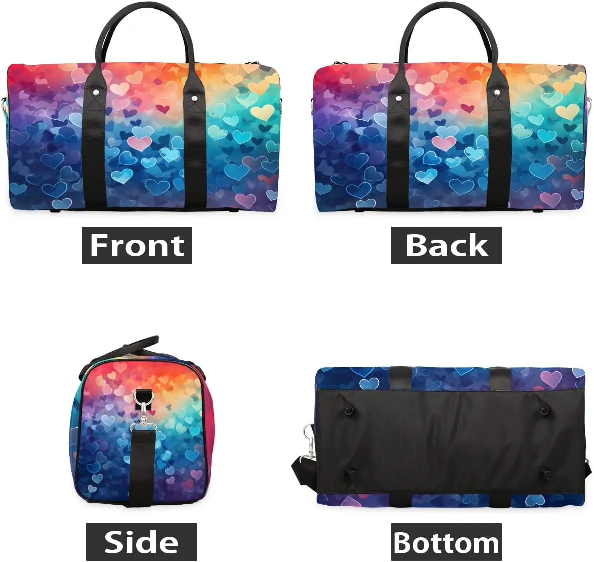 Rainbow Love Hearts Valentine's Day Travel Duffel Bag for Women Men Waterproof Foldable Overnight Weekender Bag Large Capacity Sports Gym Bag