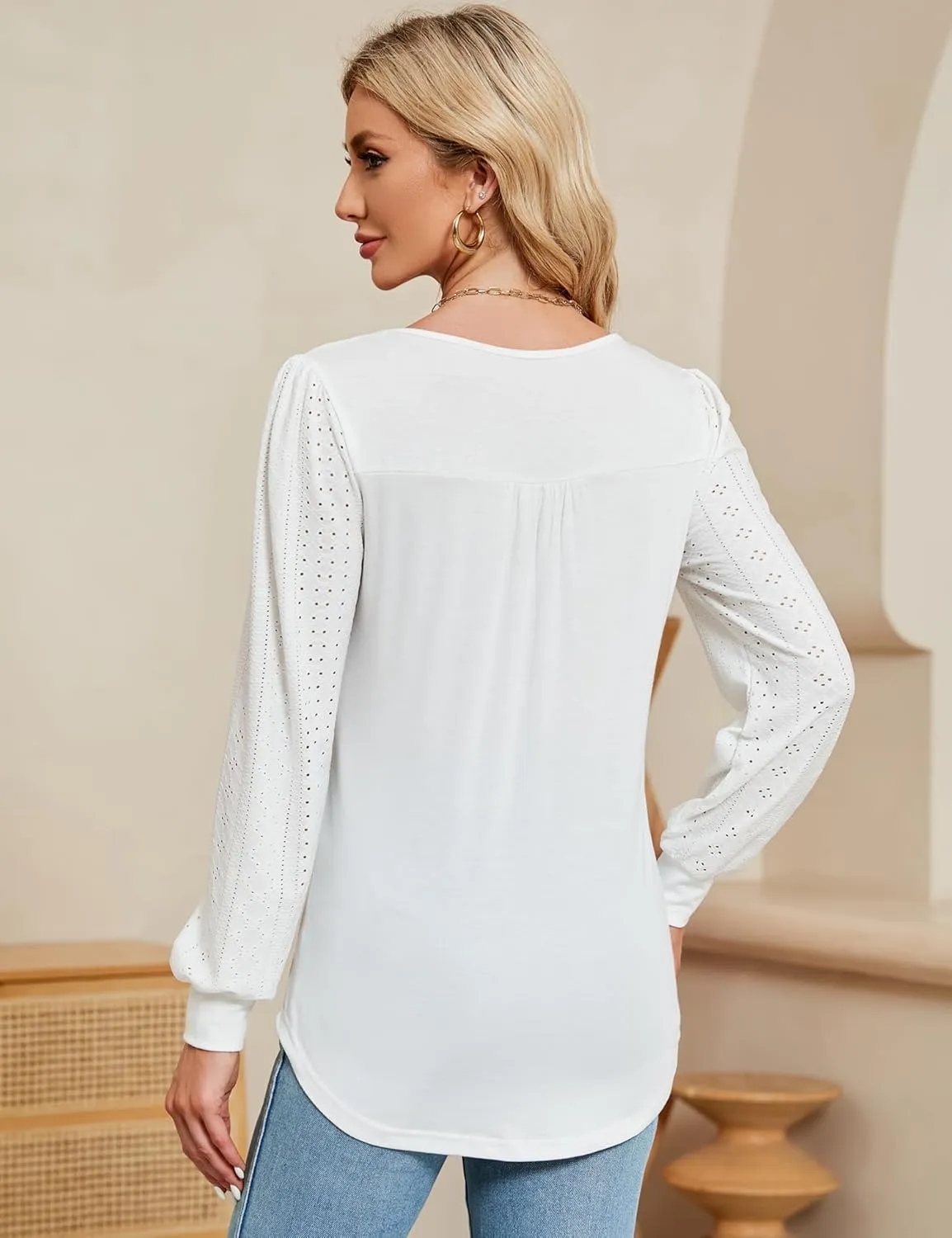 Rapbin Womens Square Neck Puff Sleeve Tops Dressy Casual Eyelet Long Sleeve Shirts Loose Trendy Blouses S-XXL