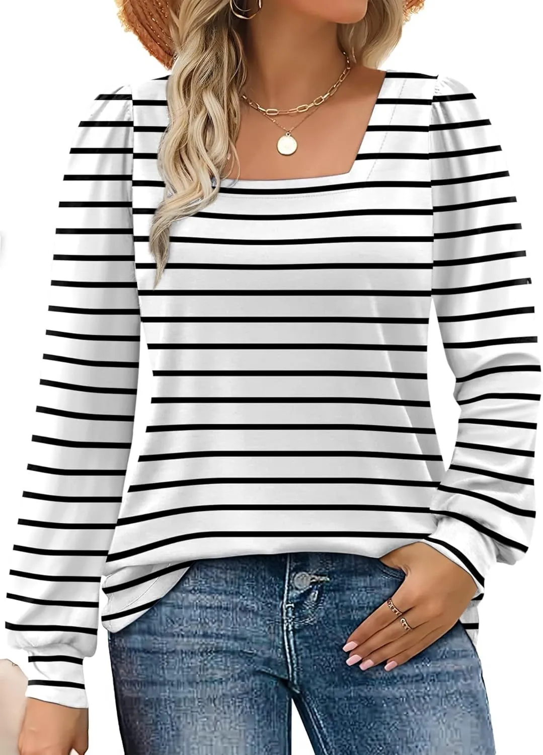 Rapbin Womens Square Neck Puff Sleeve Tops Dressy Casual Eyelet Long Sleeve Shirts Loose Trendy Blouses S-XXL