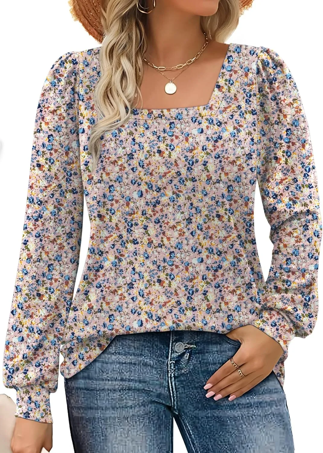 Rapbin Womens Square Neck Puff Sleeve Tops Dressy Casual Eyelet Long Sleeve Shirts Loose Trendy Blouses S-XXL