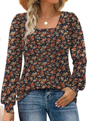 Rapbin Womens Square Neck Puff Sleeve Tops Dressy Casual Eyelet Long Sleeve Shirts Loose Trendy Blouses S-XXL
