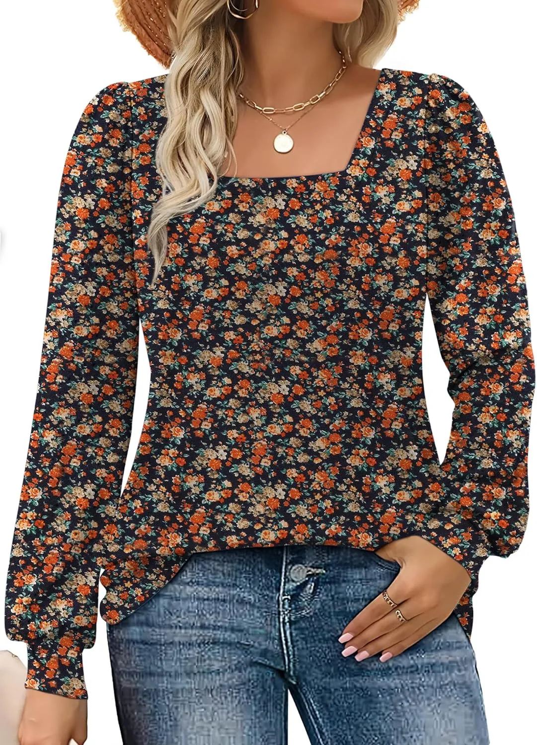 Rapbin Womens Square Neck Puff Sleeve Tops Dressy Casual Eyelet Long Sleeve Shirts Loose Trendy Blouses S-XXL