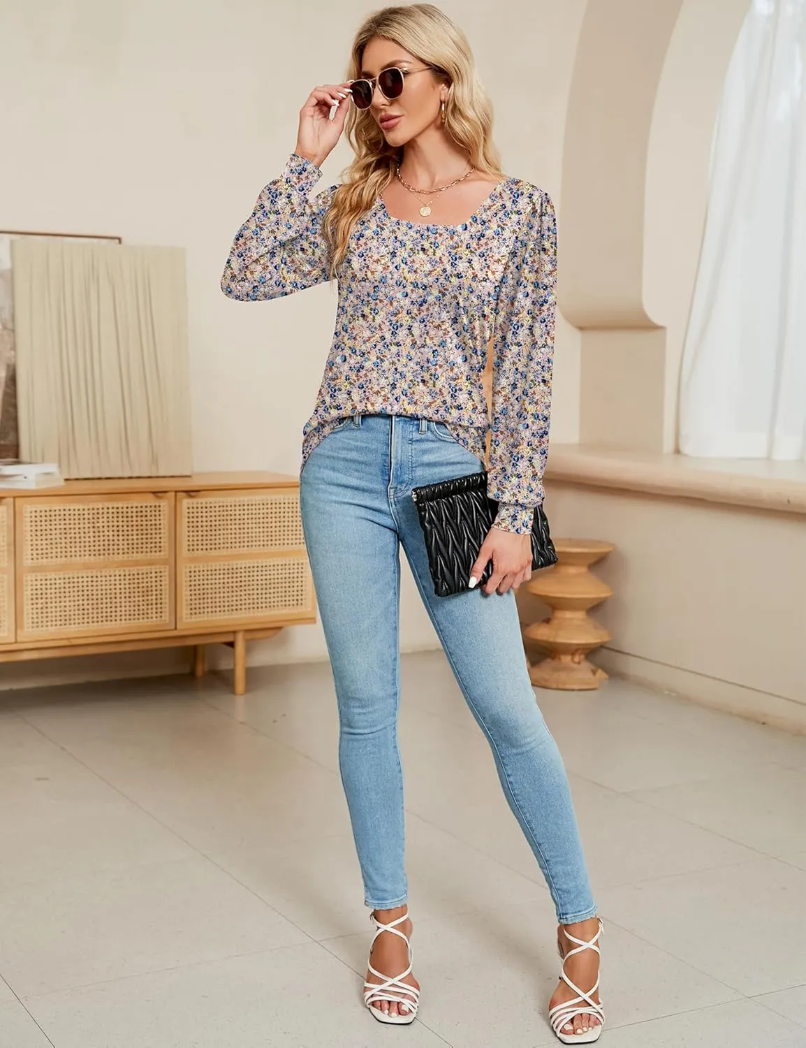 Rapbin Womens Square Neck Puff Sleeve Tops Dressy Casual Eyelet Long Sleeve Shirts Loose Trendy Blouses S-XXL