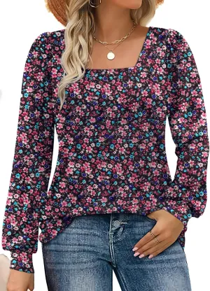 Rapbin Womens Square Neck Puff Sleeve Tops Dressy Casual Eyelet Long Sleeve Shirts Loose Trendy Blouses S-XXL