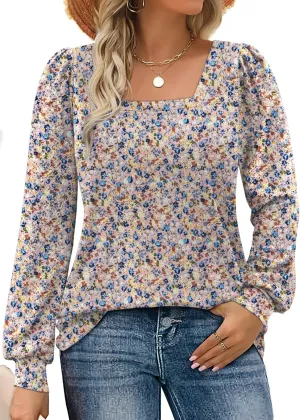 Rapbin Womens Square Neck Puff Sleeve Tops Dressy Casual Eyelet Long Sleeve Shirts Loose Trendy Blouses S-XXL