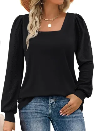 Rapbin Womens Square Neck Puff Sleeve Tops Dressy Casual Eyelet Long Sleeve Shirts Loose Trendy Blouses S-XXL