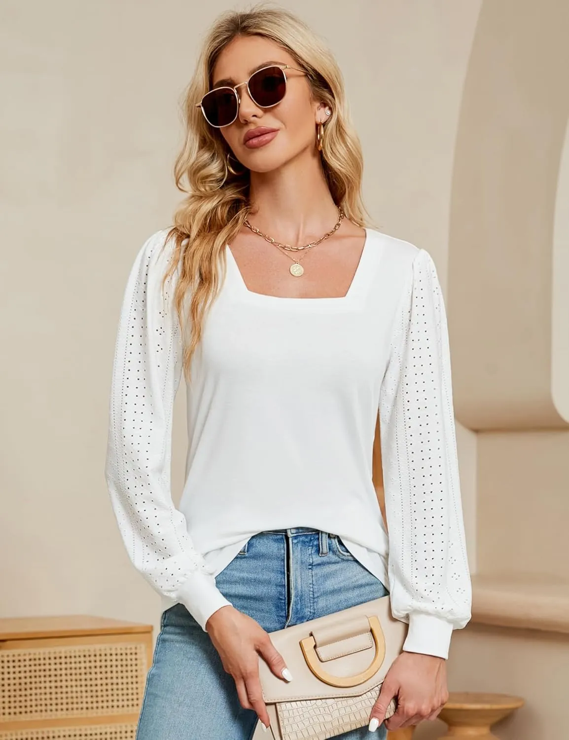 Rapbin Womens Square Neck Puff Sleeve Tops Dressy Casual Eyelet Long Sleeve Shirts Loose Trendy Blouses S-XXL