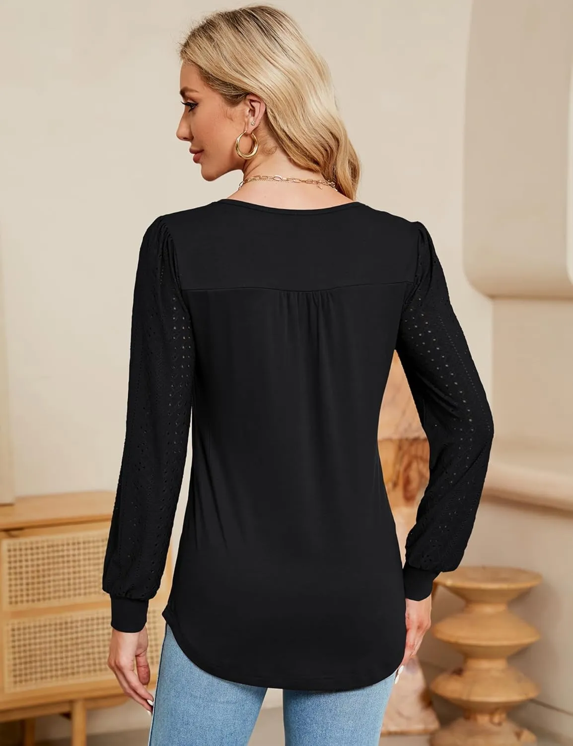 Rapbin Womens Square Neck Puff Sleeve Tops Dressy Casual Eyelet Long Sleeve Shirts Loose Trendy Blouses S-XXL