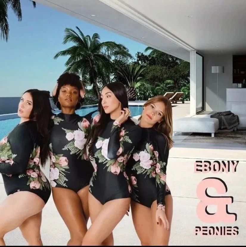 Rashguard Ebony & Peony black one-piece swimsuit   pink white peony florals
