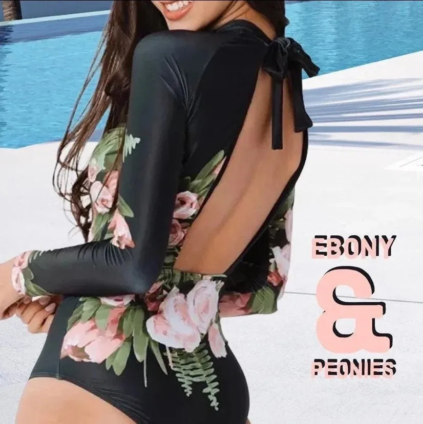 Rashguard Ebony & Peony black one-piece swimsuit   pink white peony florals