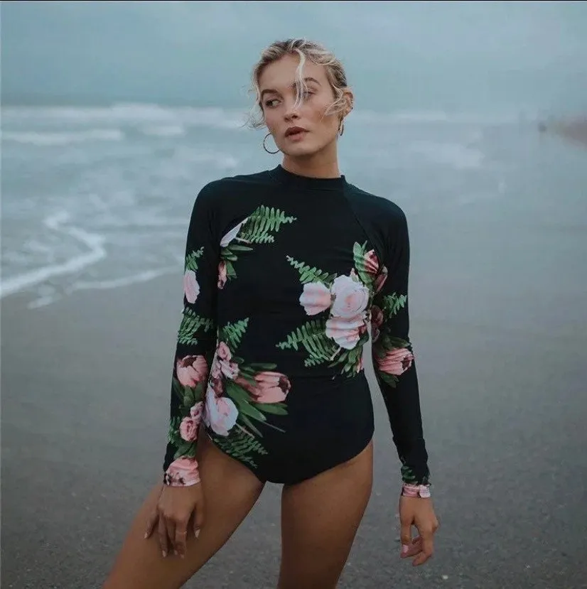 Rashguard Ebony & Peony black one-piece swimsuit   pink white peony florals