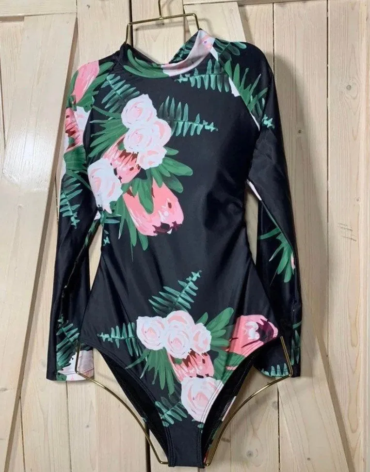 Rashguard Ebony & Peony black one-piece swimsuit   pink white peony florals