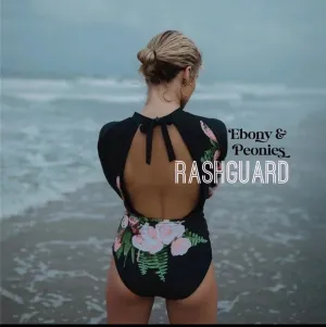 Rashguard Ebony & Peony black one-piece swimsuit   pink white peony florals