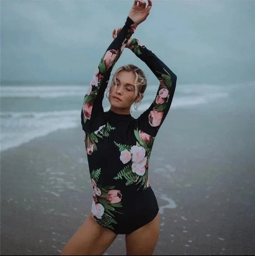 Rashguard Ebony & Peony black one-piece swimsuit   pink white peony florals