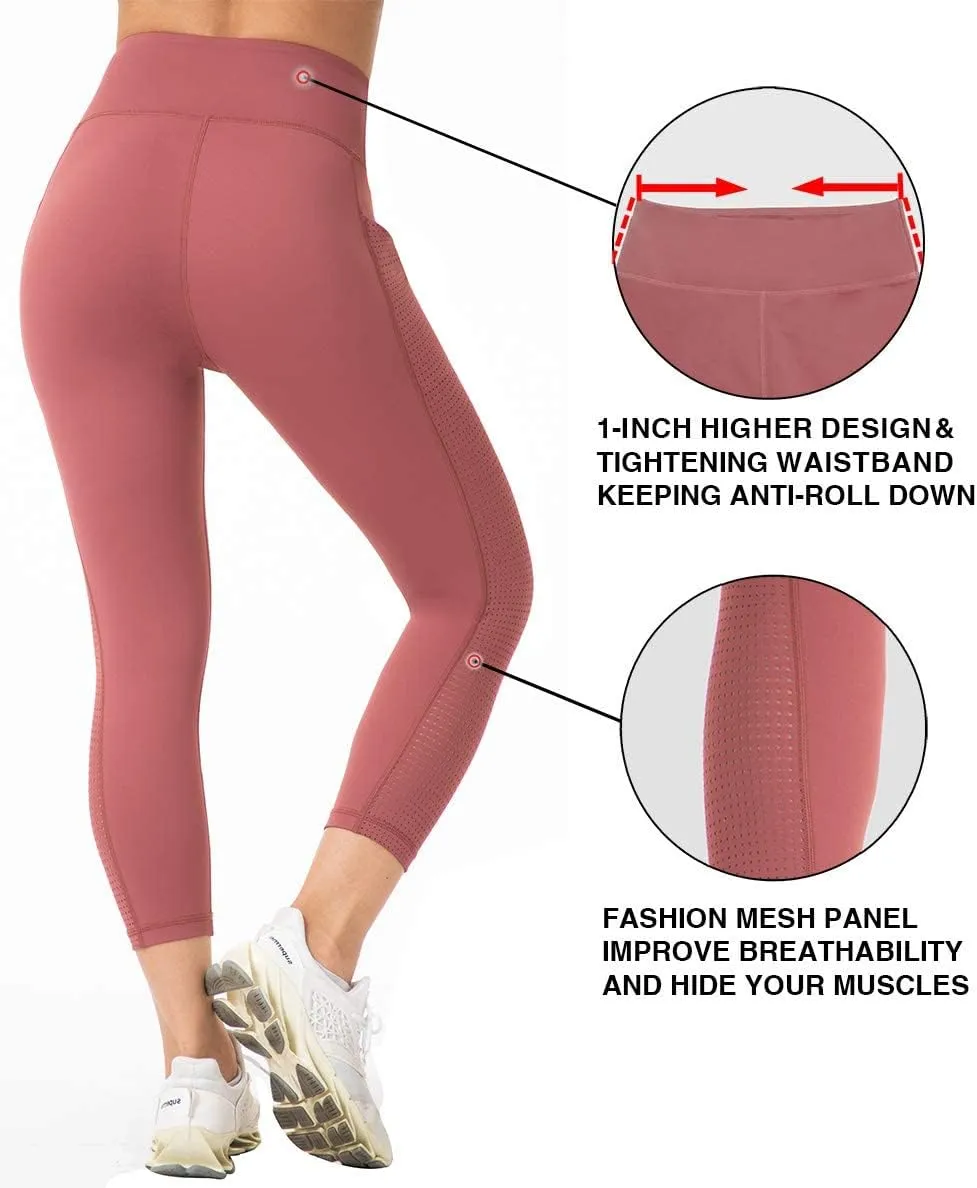 RAYPOSE Womens Workout Leggings for Women with Pockets Plus Size Gym High Waist Capri Yoga Pants Women with Mesh Cut Out