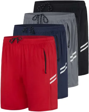Real Essentials 4 Pack: Men's 7" Athletic Running Quick Dry Mesh Shorts with Zipper Pockets (Available in Big & Tall)