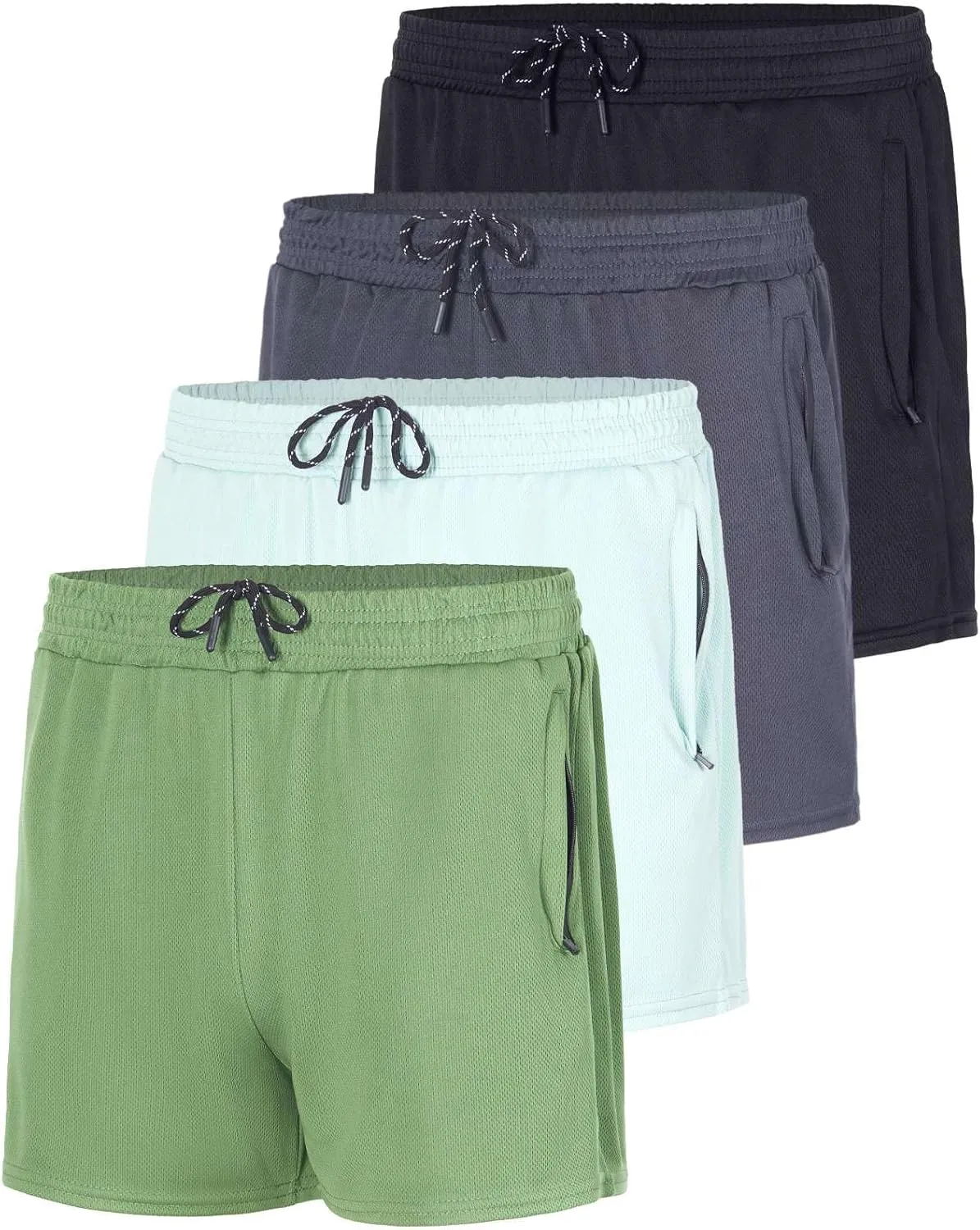 Real Essentials 4 Pack: Men's Mesh 7"/ 5"/ 3" Athletic Zipper Shorts Workout Gym Running Basketball (Big and Tall Available)