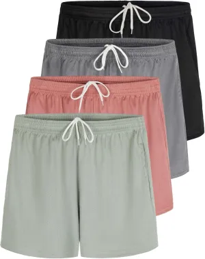 Real Essentials 4 Pack: Womens Active Athletic Performance Mesh Shorts with Pockets (Available in Plus Size)