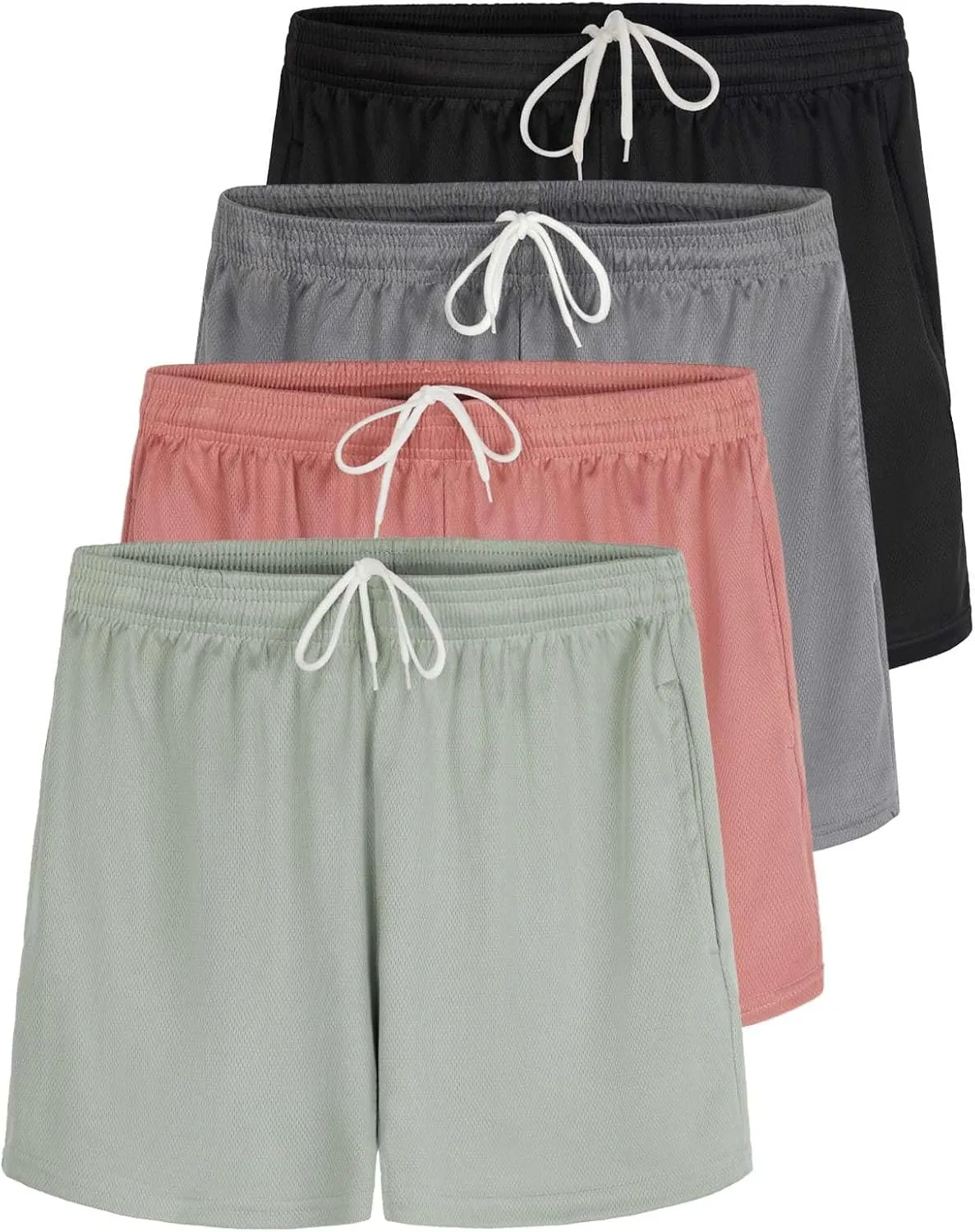 Real Essentials 4 Pack: Womens Active Athletic Performance Mesh Shorts with Pockets (Available in Plus Size)