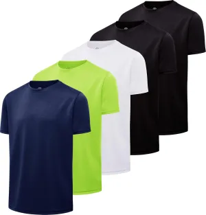 Real Essentials 5 Pack: Youth Mesh Moisture Wicking Active Athletic Performance Short-Sleeve T-Shirt Boys & Girls