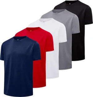 Real Essentials 5 Pack: Youth Mesh Moisture Wicking Active Athletic Performance Short-Sleeve T-Shirt Boys & Girls