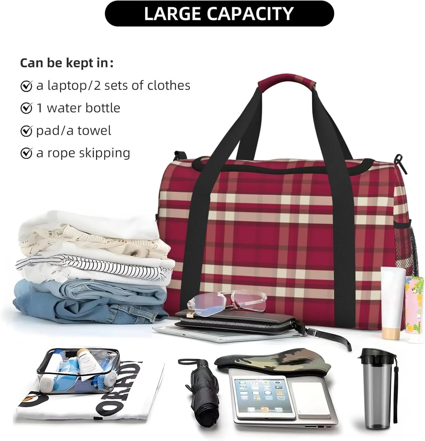 Red Black Thin Line Grid Travel Duffel Bag Large Foldable Waterproof Overnight Bag For Beach Swim Bags Pool Sports Gym