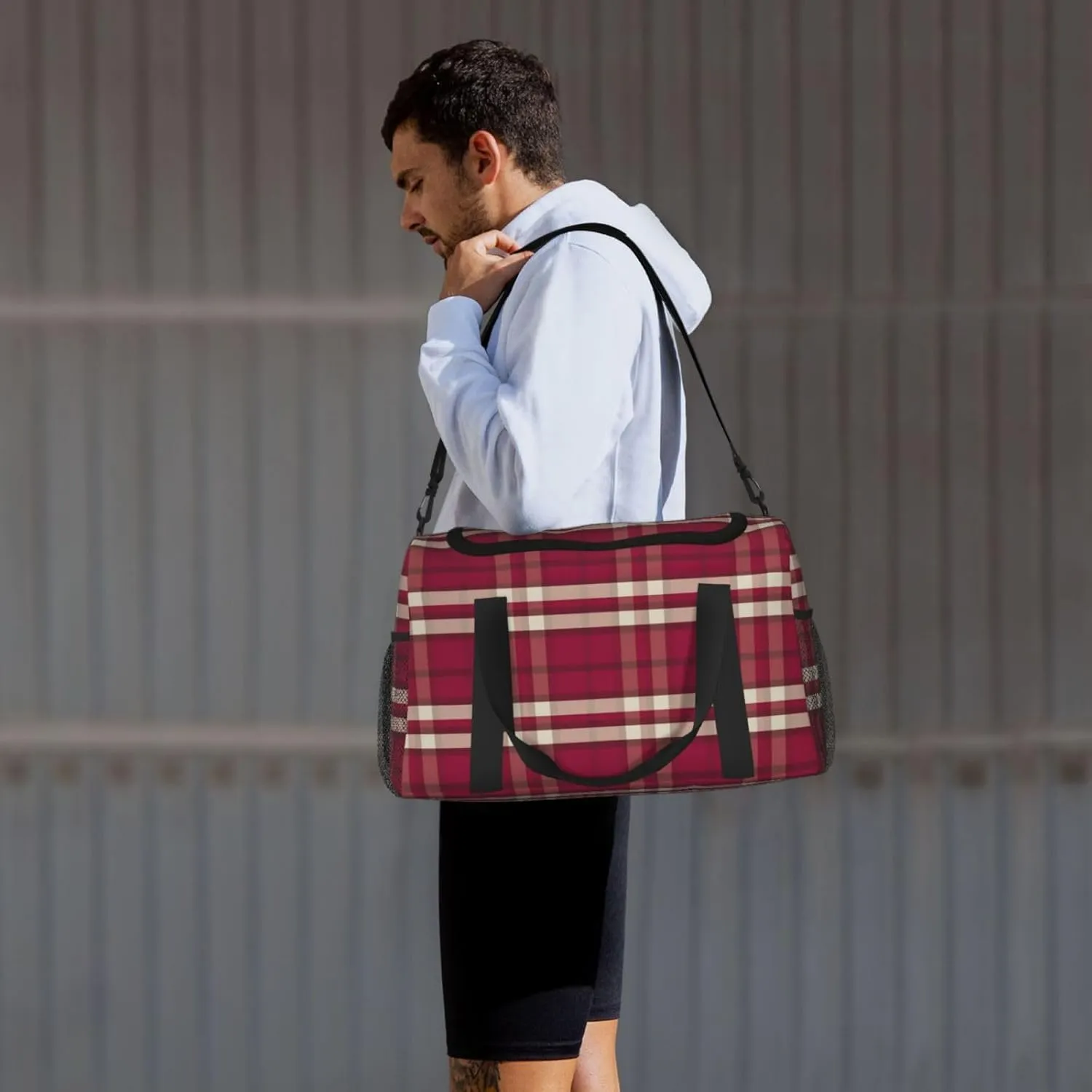 Red Black Thin Line Grid Travel Duffel Bag Large Foldable Waterproof Overnight Bag For Beach Swim Bags Pool Sports Gym