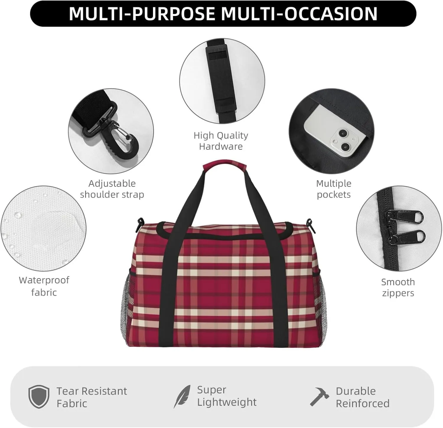 Red Black Thin Line Grid Travel Duffel Bag Large Foldable Waterproof Overnight Bag For Beach Swim Bags Pool Sports Gym