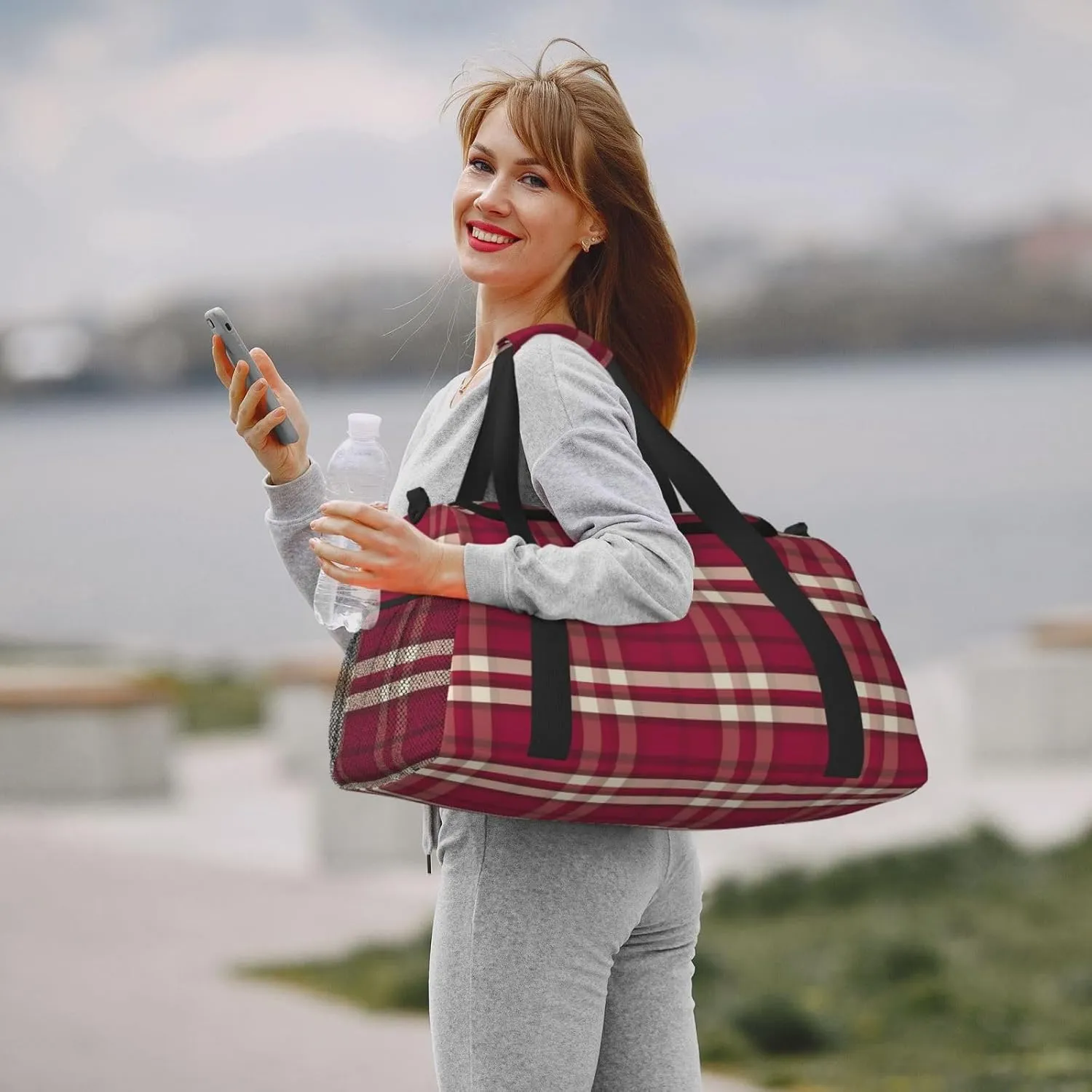 Red Black Thin Line Grid Travel Duffel Bag Large Foldable Waterproof Overnight Bag For Beach Swim Bags Pool Sports Gym