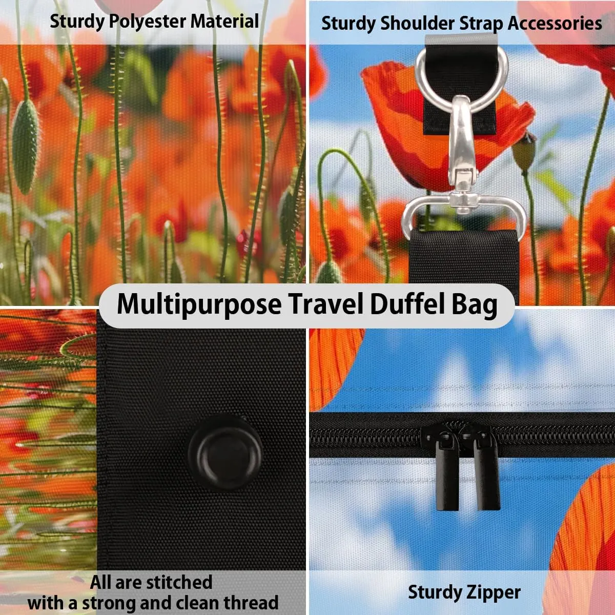 Red Flower Poppy Petal Travel Duffel Bag for Women Men Waterproof Foldable Overnight Weekender Bag Large Capacity Sports Gym Bag
