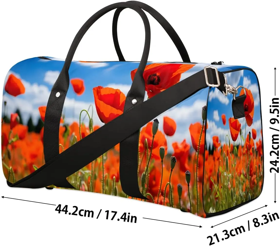 Red Flower Poppy Petal Travel Duffel Bag for Women Men Waterproof Foldable Overnight Weekender Bag Large Capacity Sports Gym Bag
