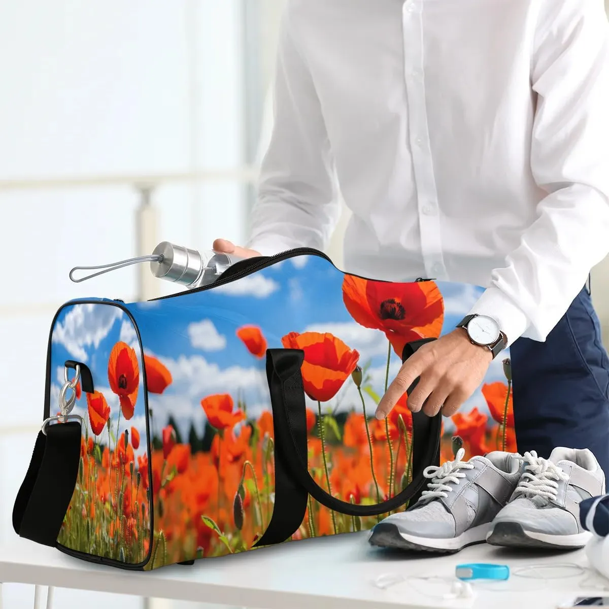 Red Flower Poppy Petal Travel Duffel Bag for Women Men Waterproof Foldable Overnight Weekender Bag Large Capacity Sports Gym Bag