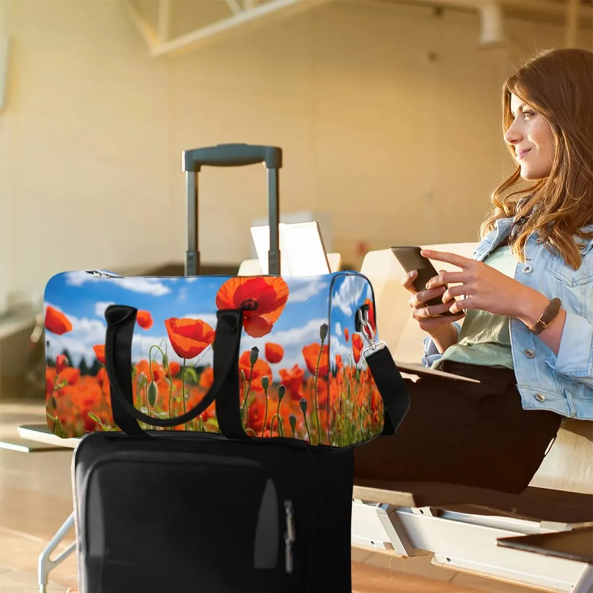 Red Flower Poppy Petal Travel Duffel Bag for Women Men Waterproof Foldable Overnight Weekender Bag Large Capacity Sports Gym Bag