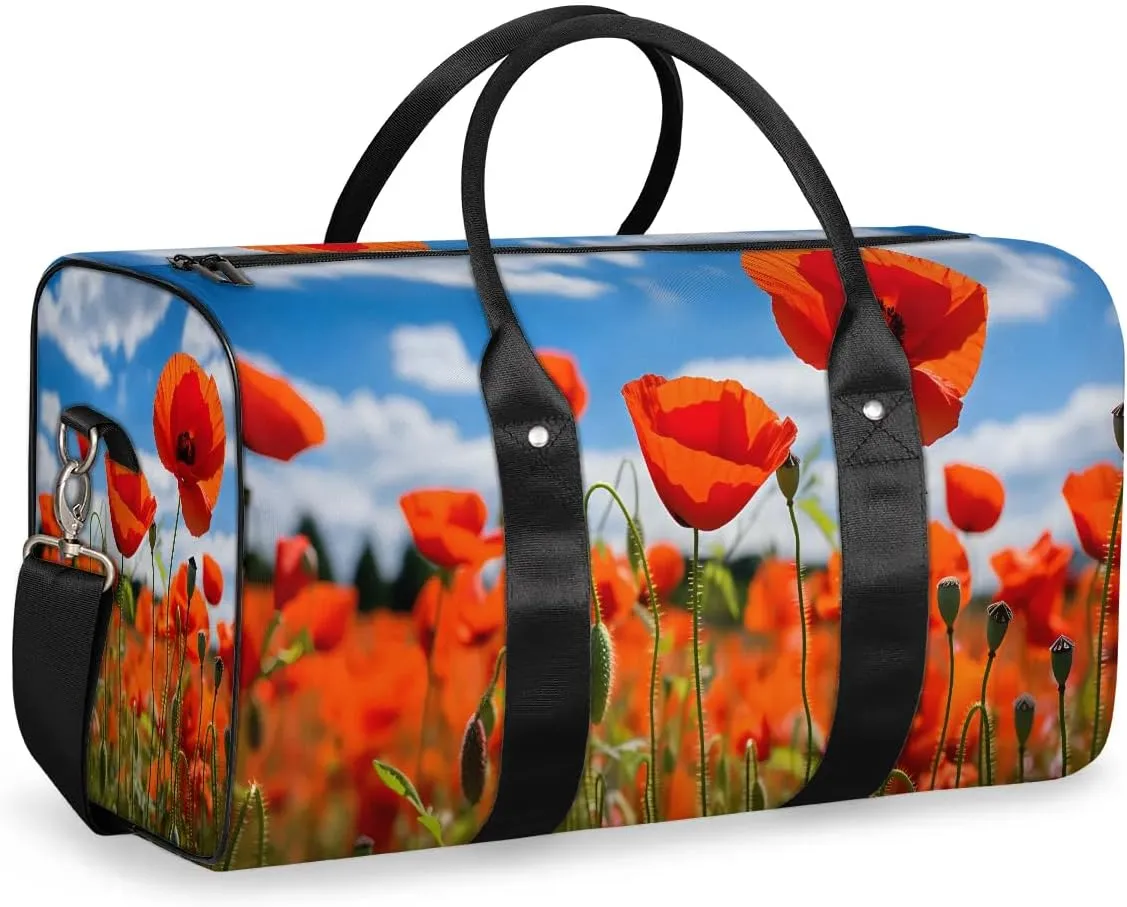 Red Flower Poppy Petal Travel Duffel Bag for Women Men Waterproof Foldable Overnight Weekender Bag Large Capacity Sports Gym Bag