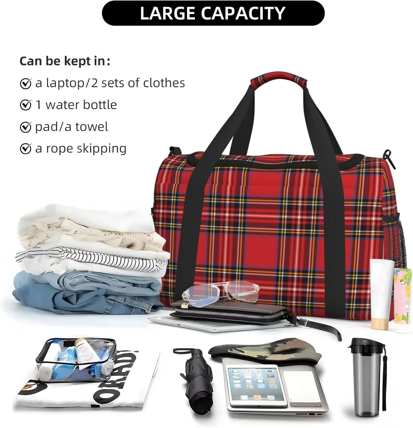 Red Grid Thin Line Travel Duffel Bag Large Foldable Waterproof Overnight Bag For Beach Swim Bags Pool Sports Gym