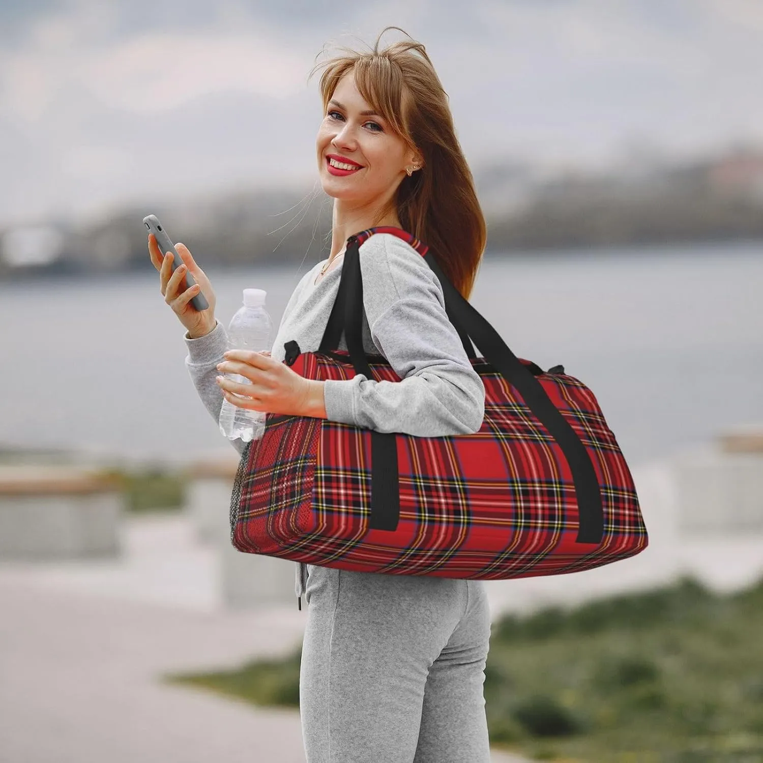 Red Grid Thin Line Travel Duffel Bag Large Foldable Waterproof Overnight Bag For Beach Swim Bags Pool Sports Gym