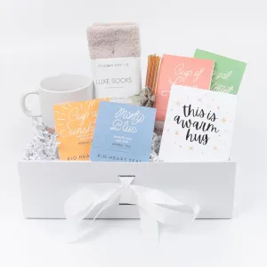 Relaxing Tea Gift for Women| Self-Care Package with Four Tea Samplers, a Stylish Tea Mug, Luxe Socks, Honey Straws & Greeting Card (Warm Hug Card)