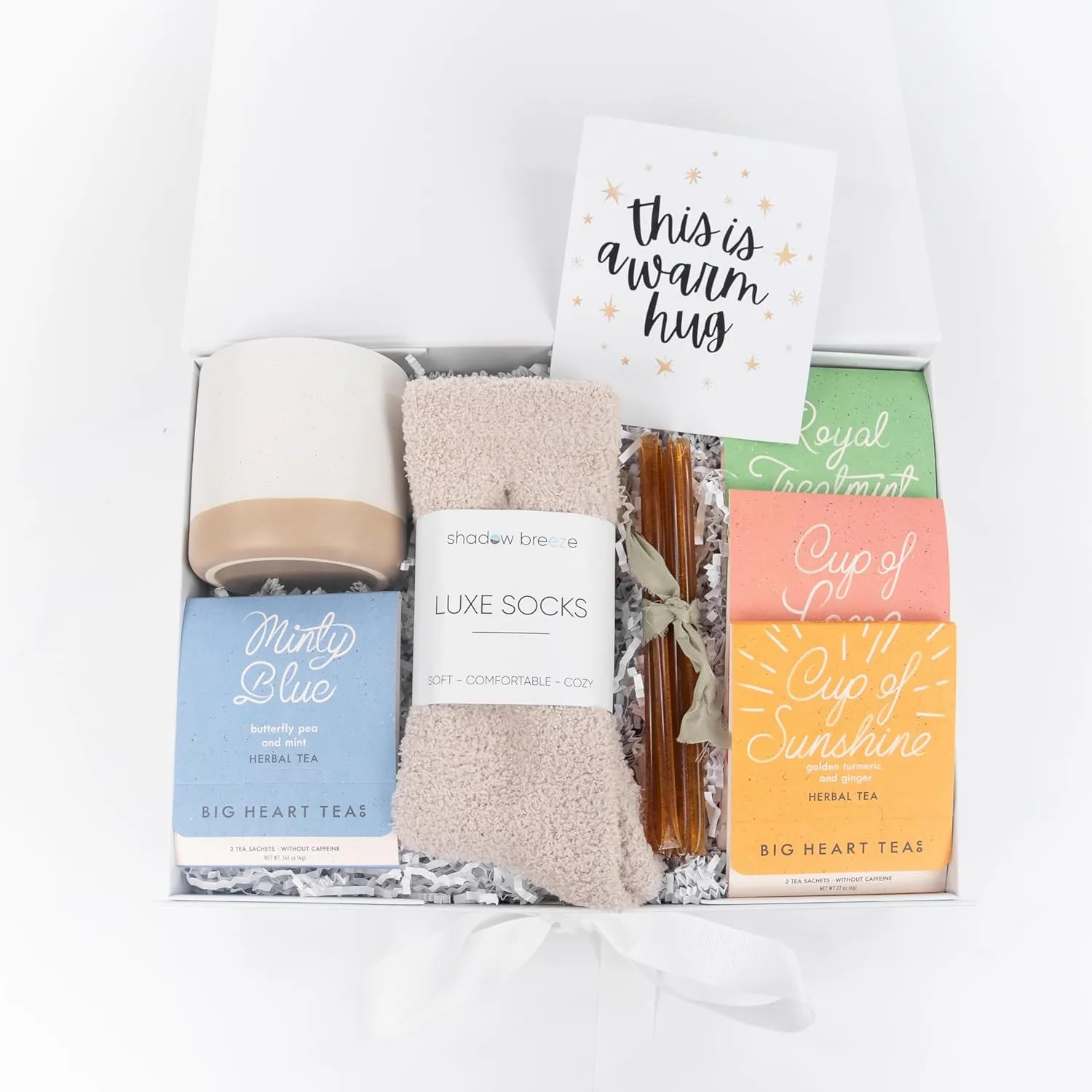 Relaxing Tea Gift for Women| Self-Care Package with Four Tea Samplers, a Stylish Tea Mug, Luxe Socks, Honey Straws & Greeting Card (Warm Hug Card)