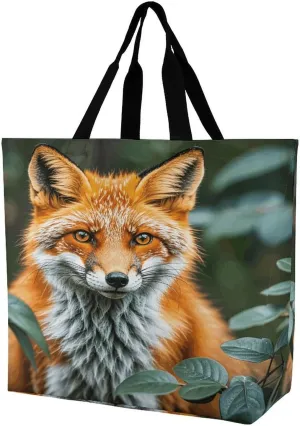 Reusable Grocery Shopping Cloth Bags Fox Leaf Print Shoulder Tote Bag Fashionable Tote Handbag for Work Beach Travel Shopping