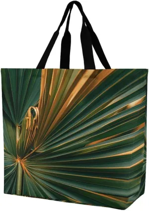 Reusable Grocery Shopping Cloth Bags Green Gold Palm Leaves Print Shoulder Tote Bag Fashionable Tote Handbag for Work Beach Travel Shopping