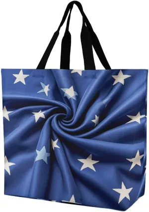 Reusable Grocery Shopping Cloth Bags White Stars on Blue Cloth Print Shoulder Tote Bag Fashionable Tote Handbag for Work Beach Travel Shopping