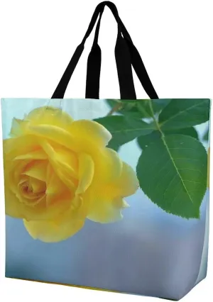 Reusable Grocery Shopping Cloth Bags Yellow Rose Print Shoulder Tote Bag Fashionable Tote Handbag for Work Beach Travel Shopping