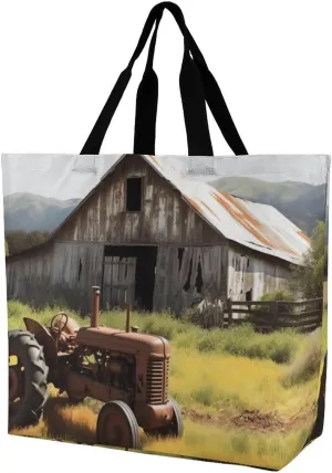 Reusable Shopping Bags,Barn With Tractor Printed Portable Tote Bags,Foldable Handbag,Washable Lightweight Medium Grocery Shopping Cloth Bag