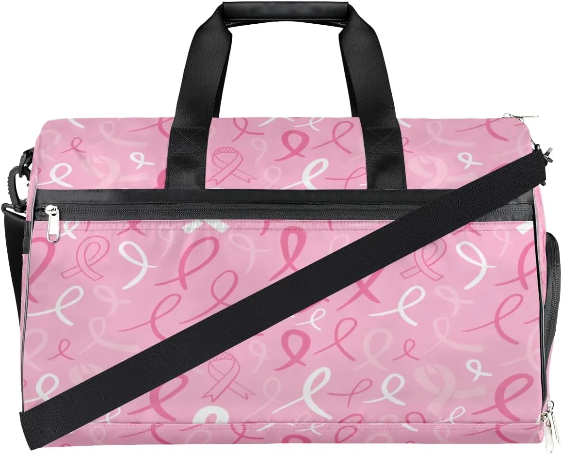 Ribbon Pink Travel Duffel Bag, Breast Cancer Awareness Sports Tote Gym Bag with Wet Pocket & Shoes Compartment Foldable Weekender Bag Workout Bag Carry on Luggage Handle Bag Overnight Bag for Women